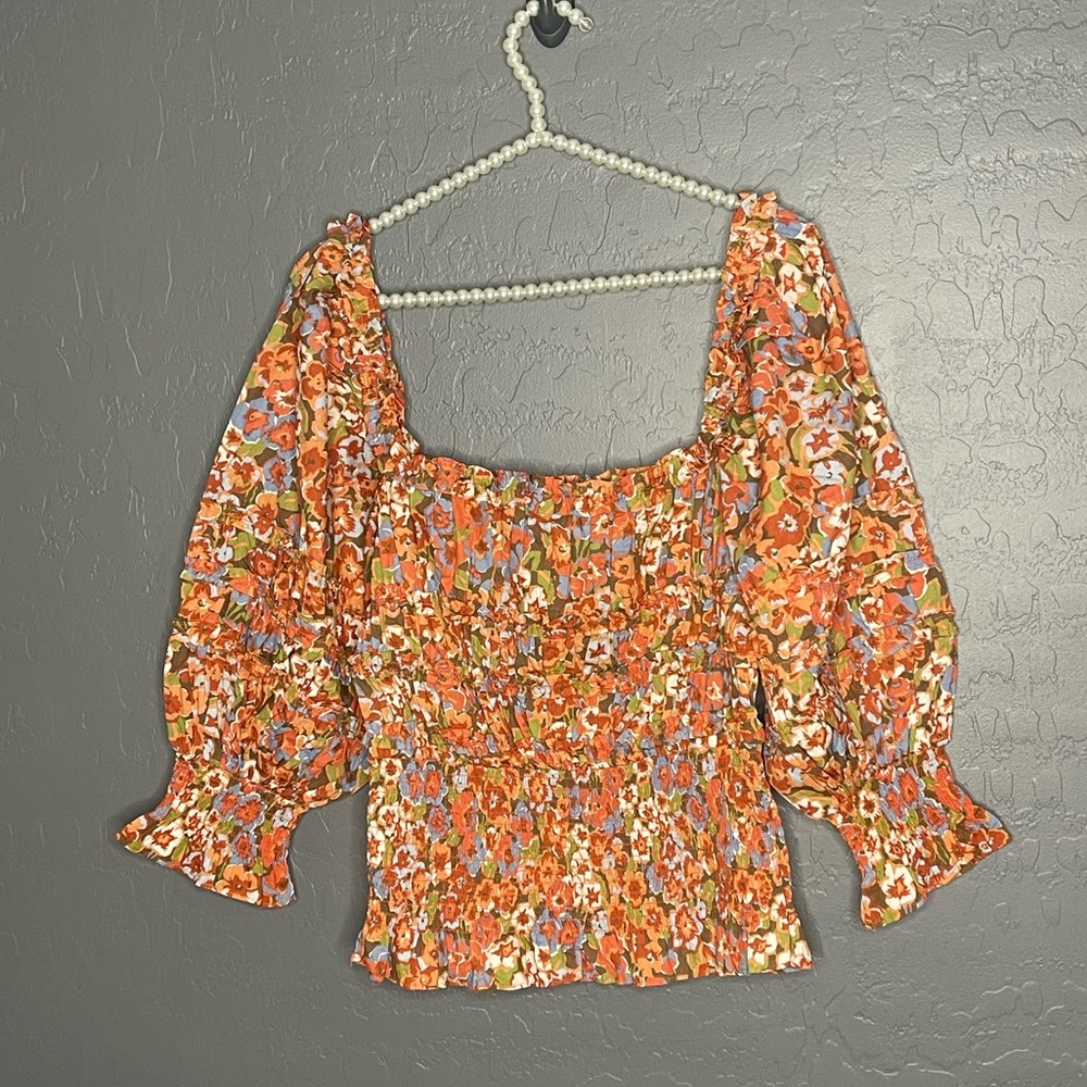 House of Harlow Carisma Orange Prairie Smocked Top